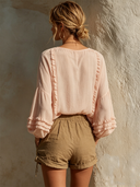 Women's Solid-Color Cotton Ruffled V-Neck Long-Sleeve Shirt ZMZ2684F3XT