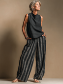 Women's Casual Vintage Vertical-Stripe Cotton-Linen Wide-Leg Pants ZMZ2577F3ZYY