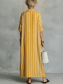 Women's Casual Vintage Vertical Stripes, Mandarin Collar, And Lantern Sleeves Cotton-Linen Maxi Dress ZMZ2529F8ZYY