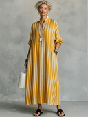 Women's Casual Vintage Vertical Stripes, Mandarin Collar, And Lantern Sleeves Cotton-Linen Maxi Dress ZMZ2529F8ZYY