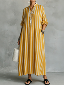 Women's Casual Vintage Vertical Stripes, Mandarin Collar, And Lantern Sleeves Cotton-Linen Maxi Dress ZMZ2529F8ZYY