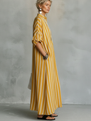 Women's Casual Vintage Vertical Stripes, Mandarin Collar, And Lantern Sleeves Cotton-Linen Maxi Dress ZMZ2529F8ZYY