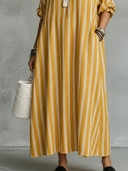 Women's Casual Vintage Vertical Stripes, Mandarin Collar, And Lantern Sleeves Cotton-Linen Maxi Dress ZMZ2529F8ZYY