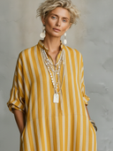 Women's Casual Vintage Vertical Stripes, Mandarin Collar, And Lantern Sleeves Cotton-Linen Maxi Dress ZMZ2529F8ZYY