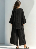 Women's Retro Casual Cotton Linen Pleated Flared Sleeve Round Neck Top And Pants Set ZMZ2628F9ZJY