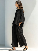 Women's Retro Casual Cotton Linen Pleated Flared Sleeve Round Neck Top And Pants Set ZMZ2628F9ZJY