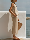 Women Cotton Blend Knit Two Piece Outfit Half Zip Sleeveless Vest With Lace Trim + High Waist Cropped Wide Leg Pants, Summer Casual Loungewear Set ZMZ2632F9YZH