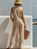 Women Cotton Blend Knit Two Piece Outfit Half Zip Sleeveless Vest With Lace Trim + High Waist Cropped Wide Leg Pants, Summer Casual Loungewear Set ZMZ2632F9YZH