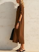 Women's Casual Vintage Faux Suede V-Neck Short-Sleeve Loose Midi Dress ZMZ2579F5ZYY