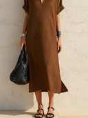 Women's Casual Vintage Faux Suede V-Neck Short-Sleeve Loose Midi Dress ZMZ2579F5ZYY