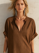 Women's Casual Vintage Faux Suede V-Neck Short-Sleeve Loose Midi Dress ZMZ2579F5ZYY