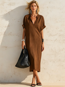 Women's Casual Vintage Faux Suede V-Neck Short-Sleeve Loose Midi Dress ZMZ2579F5ZYY