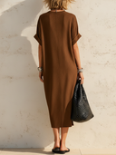 Women's Casual Vintage Faux Suede V-Neck Short-Sleeve Loose Midi Dress ZMZ2579F5ZYY