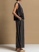 Women's Casual Retro Striped Color-Block Cotton-Linen Sleeveless Crew-Neck T-Shirt And Wide-Leg Pants Set ZMZ2656F6ZYY