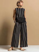 Women's Casual Retro Striped Color-Block Cotton-Linen Sleeveless Crew-Neck T-Shirt And Wide-Leg Pants Set ZMZ2656F6ZYY