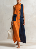 Women's Classic Cotton-Linen Sleeveless Color-Block Loose Maxi Dress ZMZ2934F7SWL