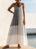 Women Cotton Blend Patchwork Maxi Dress Sleeveless Spaghetti Strap Color Block Striped Long Caftan Dress, Boho Vacation Dress ZMZ2914F3YZH