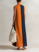 Women's Classic Cotton-Linen Sleeveless Color-Block Loose Maxi Dress ZMZ2934F7SWL