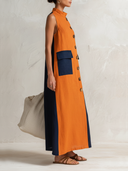 Women's Classic Cotton-Linen Sleeveless Color-Block Loose Maxi Dress ZMZ2934F7SWL