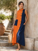 Women's Classic Cotton-Linen Sleeveless Color-Block Loose Maxi Dress ZMZ2934F7SWL