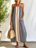 Women Cotton Blend Vertical Stripe Patchwork Cami Maxi Dress Sleeveless Loose Pocket Long Sundress, Summer Boho Vacation Dress ZMZ2920F3YZH