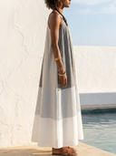 Women Cotton Blend Patchwork Maxi Dress Sleeveless Spaghetti Strap Color Block Striped Long Caftan Dress, Boho Vacation Dress ZMZ2914F3YZH