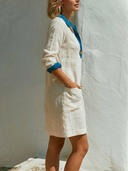 Women Premium Cotton Linen Color Block Polo Shirt Dress Half Button Long Sleeve Loose Mini Tunic Dress With Pockets, Summer Beach Vacation Dress ZMZ2958F2YZH