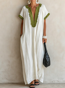 Women's Casual Resort-Style Cotton-Linen V-Neck Short-Sleeve Loose Maxi Dress ZMZ3093F9ZYY