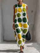 Women's Casual Holiday-Style Polka-Dot Print Round Neck  Cotton-Linen Sleeveless Loose Maxi Dress ZMZ3037F8ZYY