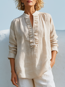 Women Premium Cotton Linen Ruffled Half Placket Blouse Stand Collar Long Sleeve Loose Textured Tunic Top ZMZ3053F6YZH