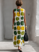 Women's Casual Holiday-Style Polka-Dot Print Round Neck  Cotton-Linen Sleeveless Loose Maxi Dress ZMZ3037F8ZYY