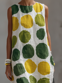 Women's Casual Holiday-Style Polka-Dot Print Round Neck  Cotton-Linen Sleeveless Loose Maxi Dress ZMZ3037F8ZYY