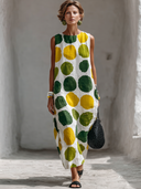 Women's Casual Holiday-Style Polka-Dot Print Round Neck  Cotton-Linen Sleeveless Loose Maxi Dress ZMZ3037F8ZYY