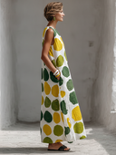 Women's Casual Holiday-Style Polka-Dot Print Round Neck  Cotton-Linen Sleeveless Loose Maxi Dress ZMZ3037F8ZYY