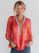 Women's Vintage Satin Striped V-Neck 3/4 Sleeve Top ZMZ3068F9SWL