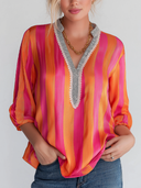 Women's Vintage Satin Striped V-Neck 3/4 Sleeve Top ZMZ3068F9SWL
