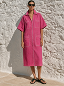 Women's Color-blocked Stitched Collared Oversized Cotton Midi Dress ZMZ3016F0XT