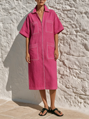 Women's Color-blocked Stitched Collared Oversized Cotton Midi Dress ZMZ3016F0XT