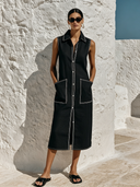 Women's Cotton Collared Zipper Sleeveless Midi Dress ZMZ3021F3XT