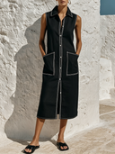 Women's Cotton Collared Zipper Sleeveless Midi Dress ZMZ3021F3XT