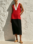 Women's Color-Block V-Neck Sleeveless Cotton-Linen Midi Dress ZMZ3089F3XT