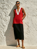 Women's Color-Block V-Neck Sleeveless Cotton-Linen Midi Dress ZMZ3089F3XT