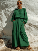 Women's Solid-Color Crew-Neck Cotton Long-Sleeve Maxi Dress ZMZ3022F9XT