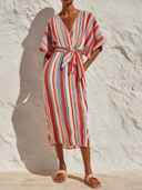 Women's Striped Vacation V-Neck Short-Sleeve Midi Dress ZMZ3023F3XT