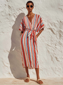 Women's Striped Vacation V-Neck Short-Sleeve Midi Dress ZMZ3023F3XT