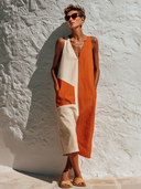 Women's Color-Block V-Neck Cotton-Linen Midi Dress ZMZ3015F9XT