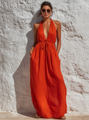 Women's Vacation Cotton-Linen Halter-Neck Backless Maxi Dress ZMZ3085F7XT