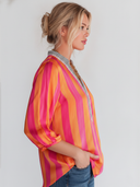 Women's Vintage Satin Striped V-Neck 3/4 Sleeve Top ZMZ3068F9SWL