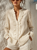 Women's Solid Color Cotton Linen Casual Stand Collar Long Sleeve Shirt ZMZ3057F8XT