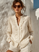 Women's Solid Color Cotton Linen Casual Stand Collar Long Sleeve Shirt ZMZ3057F8XT